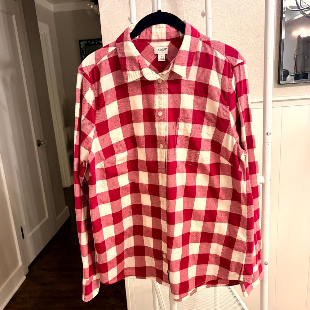 J. Crew Factory Plaid Flannel Raspberry Cream Button-Up Shirt Size M - Picture 2 of 6